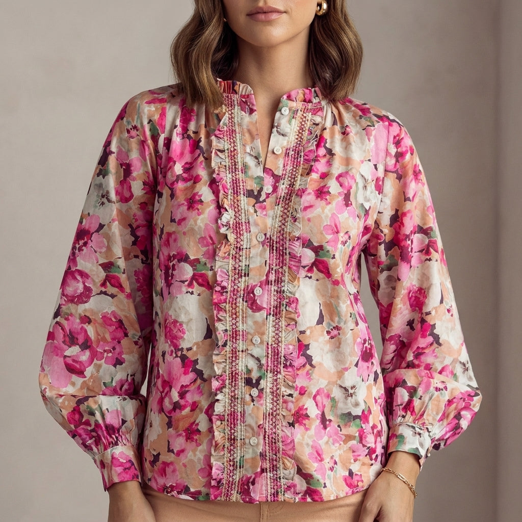 Flowing Floral Ruffle-Trimmed Long-Sleeve Blouse with Bishop Sleeves