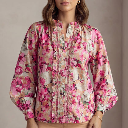 Flowing Floral Ruffle-Trimmed Long-Sleeve Blouse with Bishop Sleeves