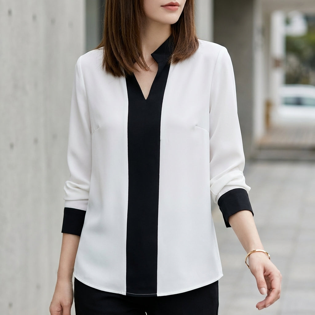 Tailored Color-Block Chiffon Blouse with Stand Collar and V-Neck