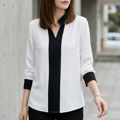 Tailored Color-Block Chiffon Blouse with Stand Collar and V-Neck