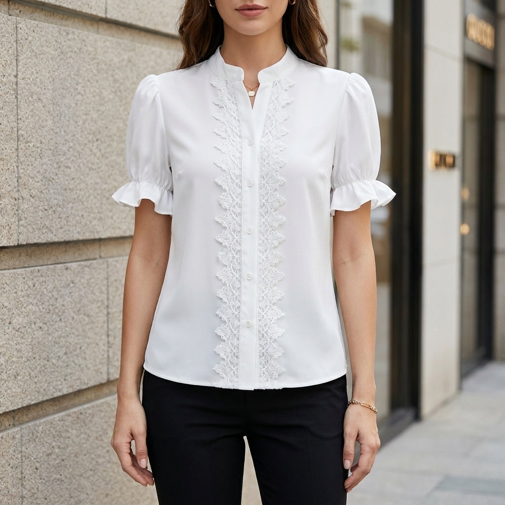 Tailored Stand-Up Collar Shirt with Lace Splicing and Puff Sleeves