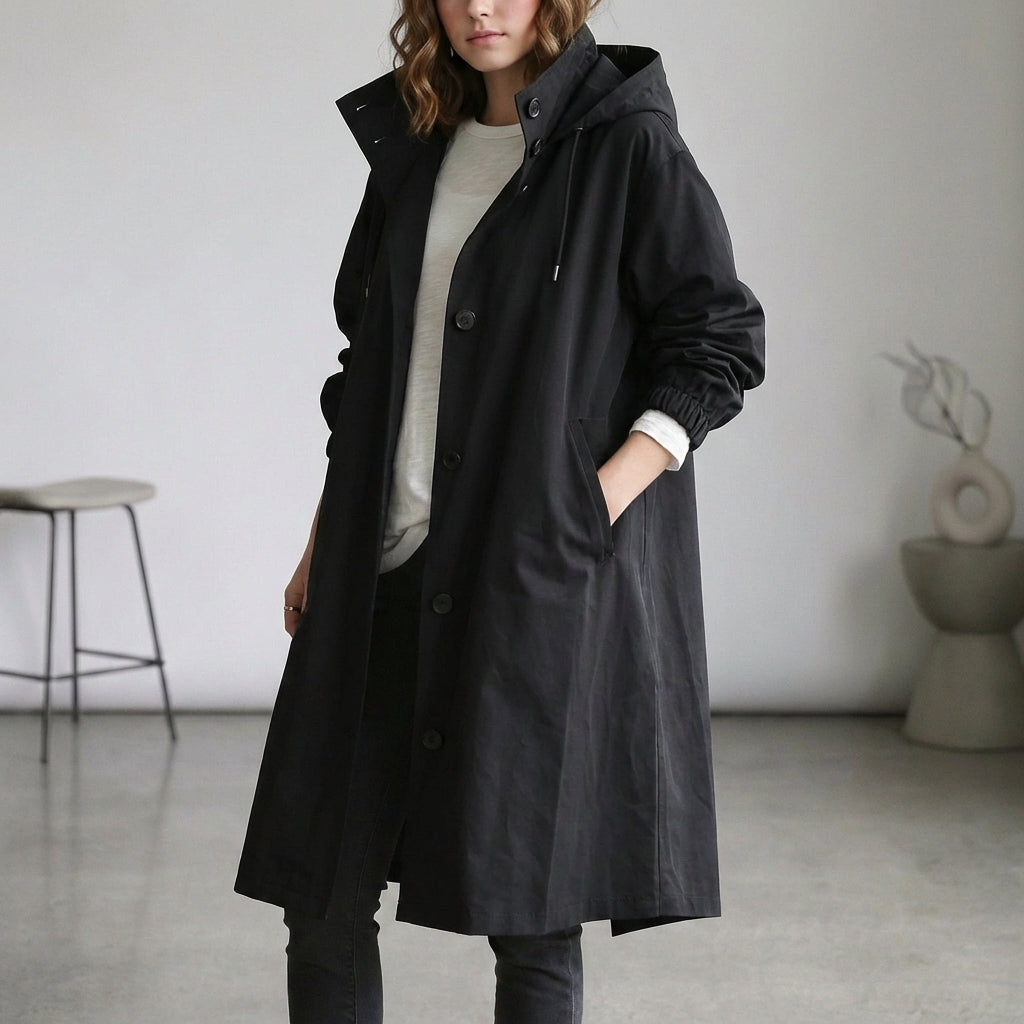 Oversized Cotton Midi Trench Coat with Hooded Stand Collar and Patch Pockets