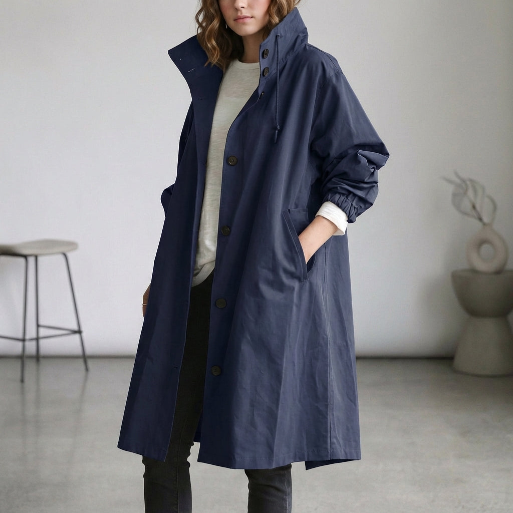 Oversized Cotton Midi Trench Coat with Hooded Stand Collar and Patch Pockets