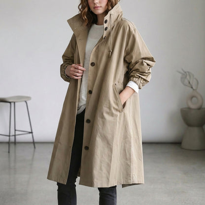 Oversized Cotton Midi Trench Coat with Hooded Stand Collar and Patch Pockets