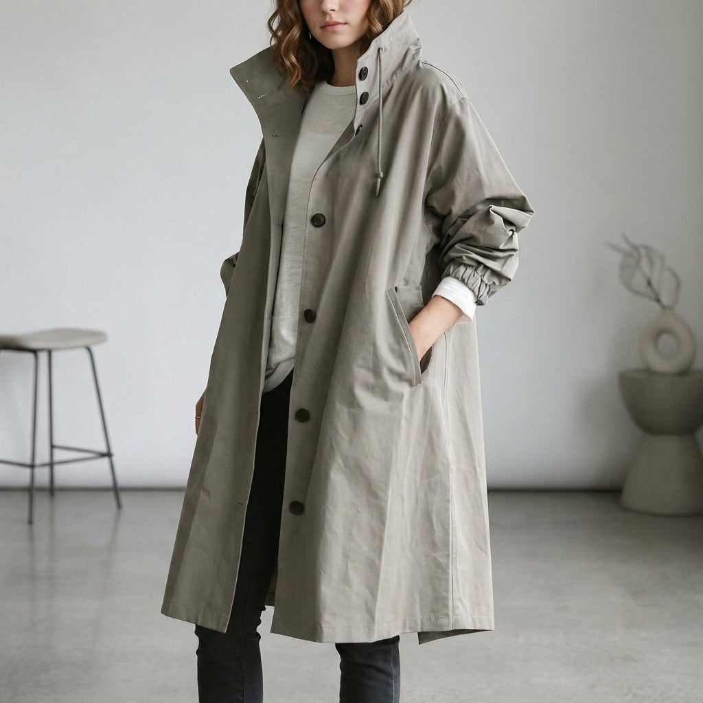 Oversized Cotton Midi Trench Coat with Hooded Stand Collar and Patch Pockets
