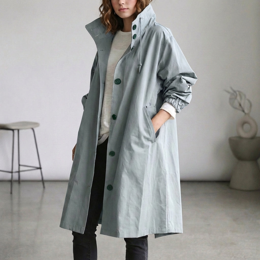 Oversized Cotton Midi Trench Coat with Hooded Stand Collar and Patch Pockets
