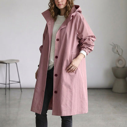 Oversized Cotton Midi Trench Coat with Hooded Stand Collar and Patch Pockets
