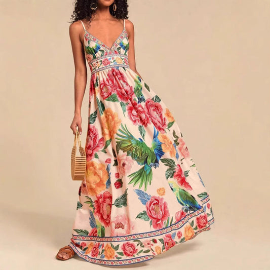 Valentina Rossi Flowing Maxi Dress with Empire Waist and Tropical Motif