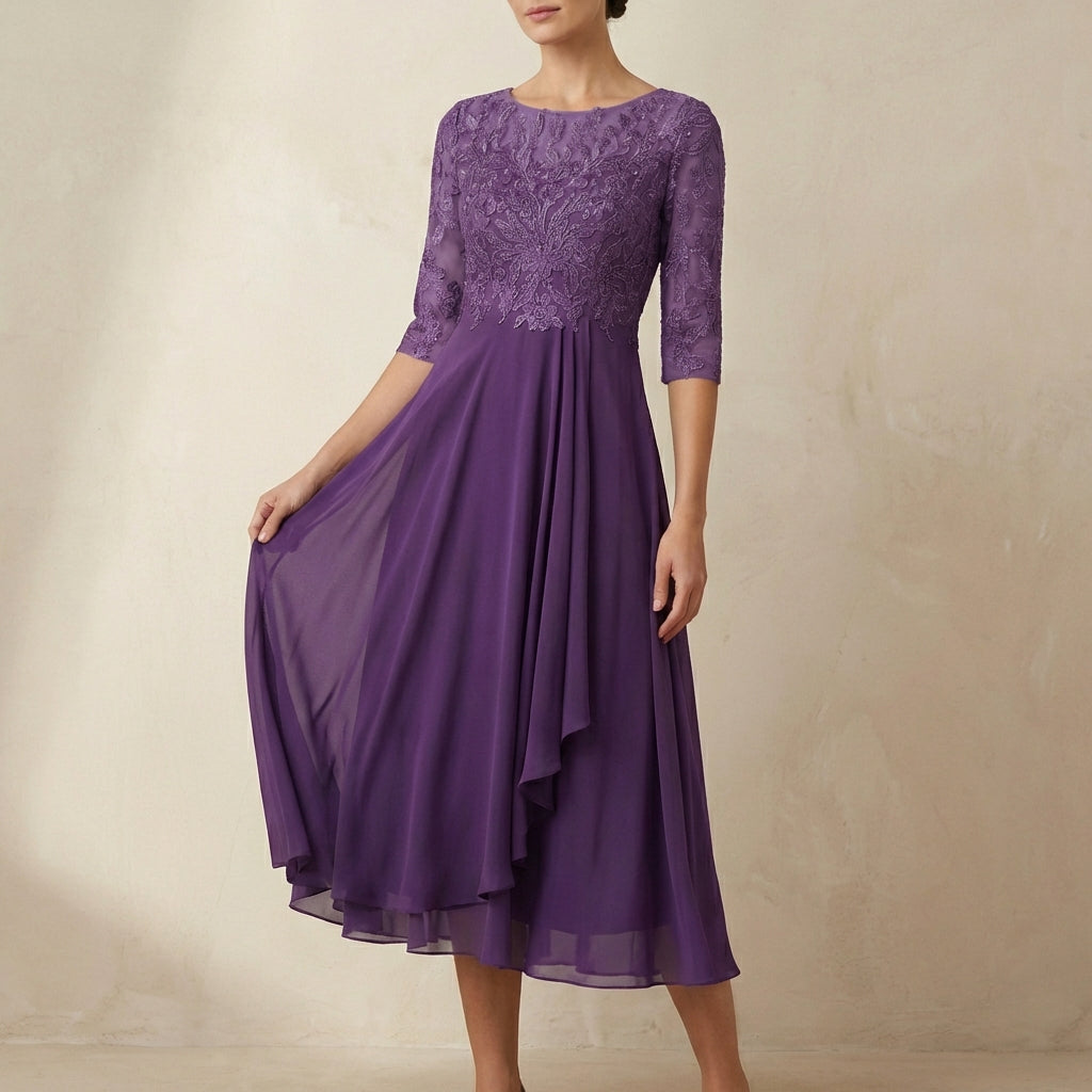 Embroidered A-Line Midi Dress with Sheer Sleeves and Pockets