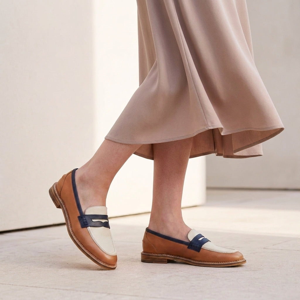 Structured Color-Blocked Penny Loafers with Low Block Heel for Women