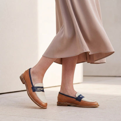 Structured Color-Blocked Penny Loafers with Low Block Heel for Women