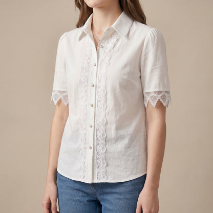 Tailored Short-Sleeve Lace-Trimmed Blouse with Scalloped Details