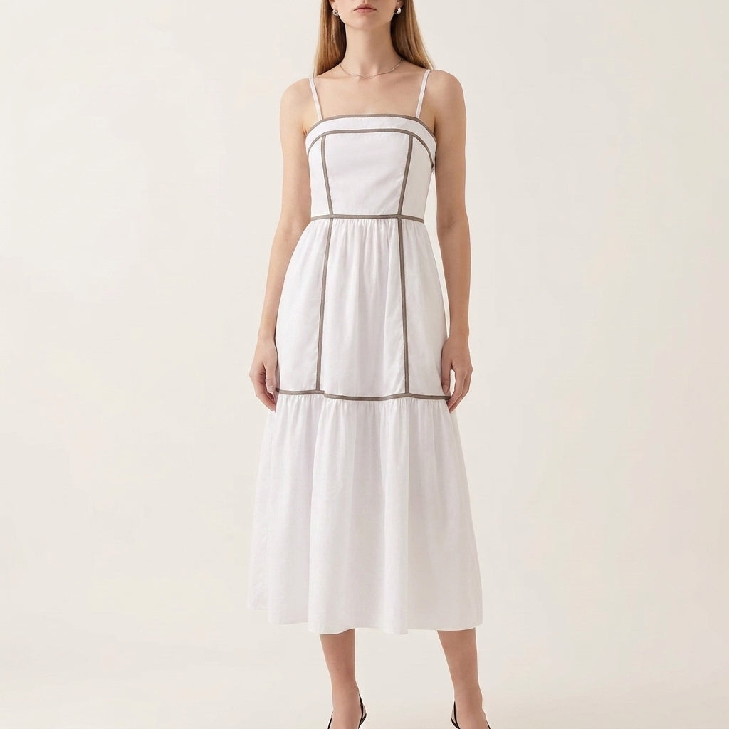 Tiered Midi Dress with Structured Bodice and Flowing Gathered Skirt