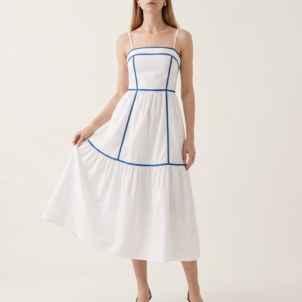 Tiered Midi Dress with Structured Bodice and Flowing Gathered Skirt