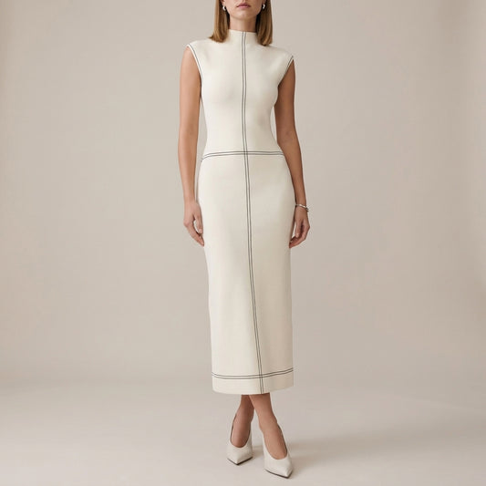 Structured Ribbed Midi Dress with Geometric Piping