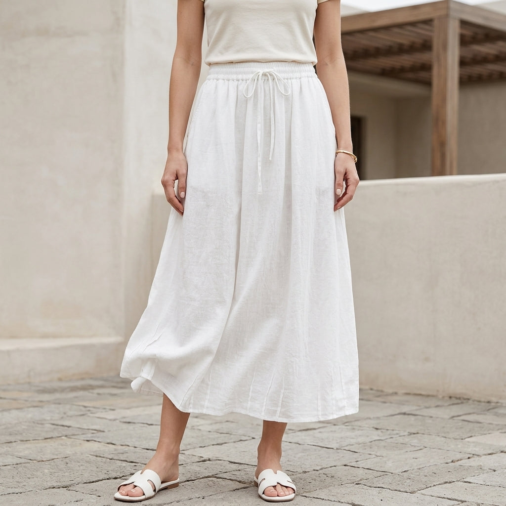 Flowing Linen-Blend Drawstring Maxi Skirt with Relaxed A-Line Silhouette
