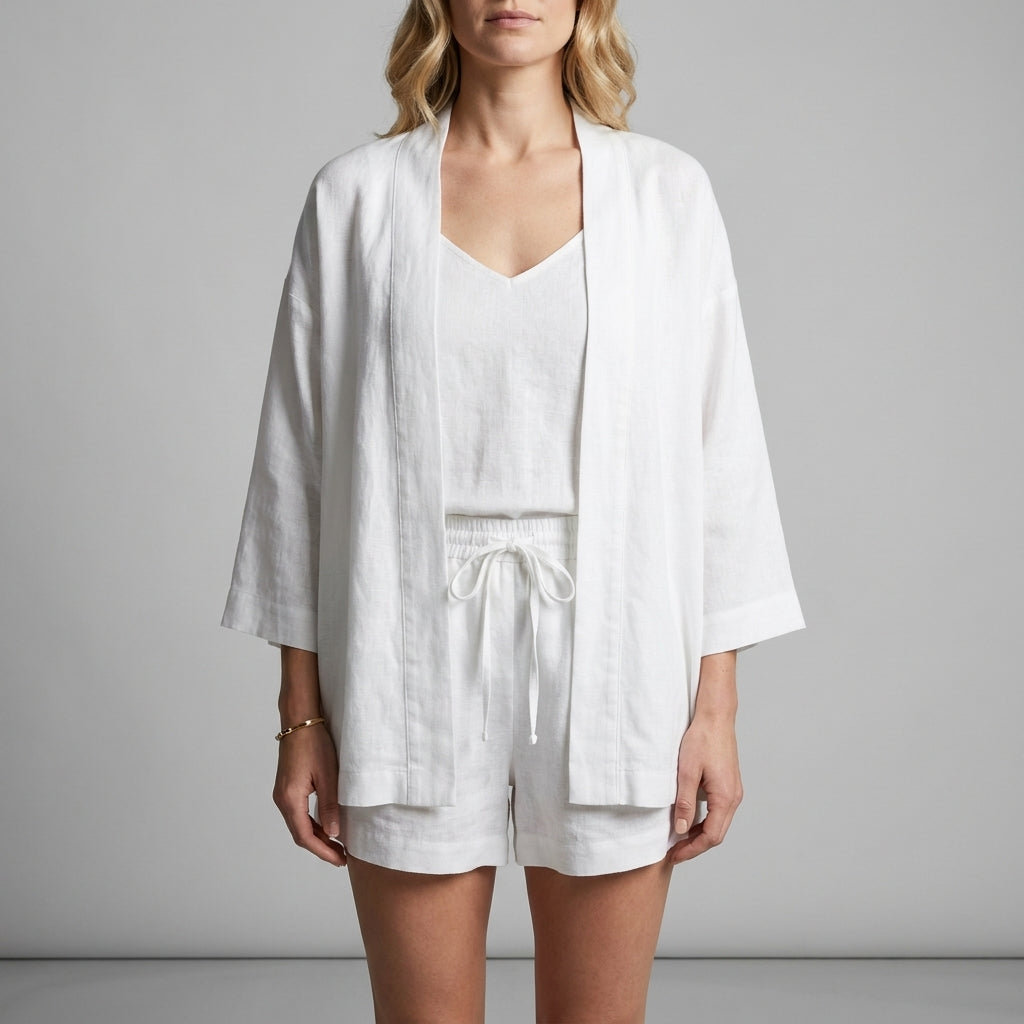 Elegant Three-Piece Lounge Set with Kimono and Shorts