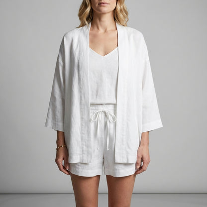 Elegant Three-Piece Lounge Set with Kimono and Shorts