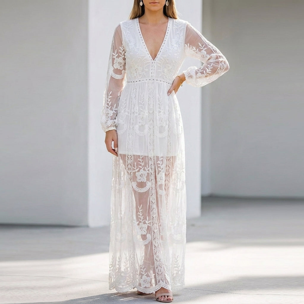 Flowing Boho Lace Maxi Dress with Sheer Balloon Sleeves