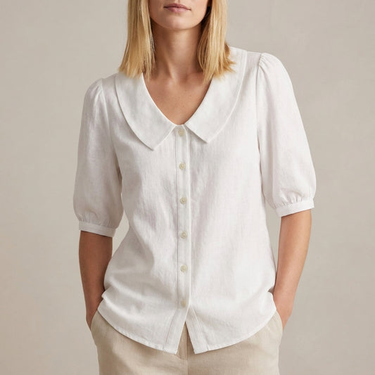 Relaxed Woven Button-Down Blouse with Peter Pan Collar and Puff Sleeves