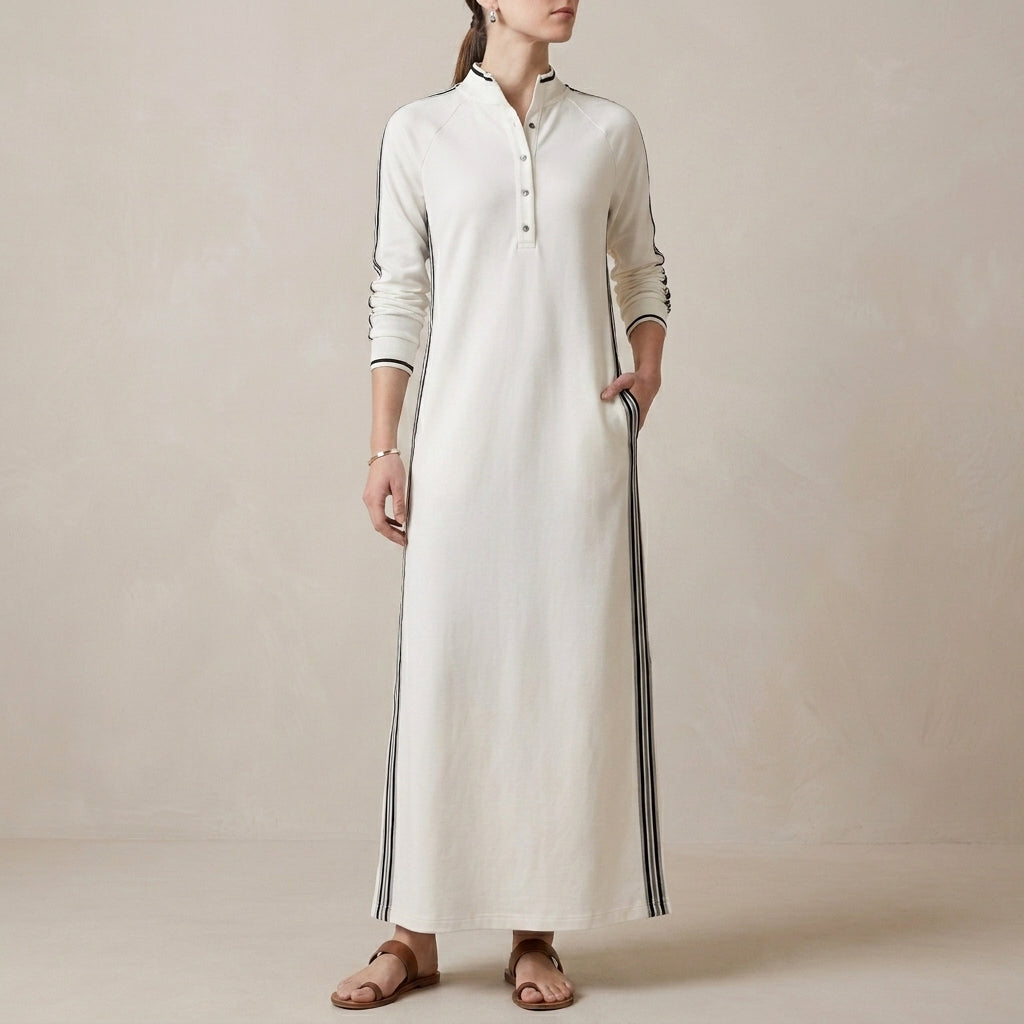 Relaxed Maxi Sweatshirt Dress with Contrasting Trim and Buttoned Collar
