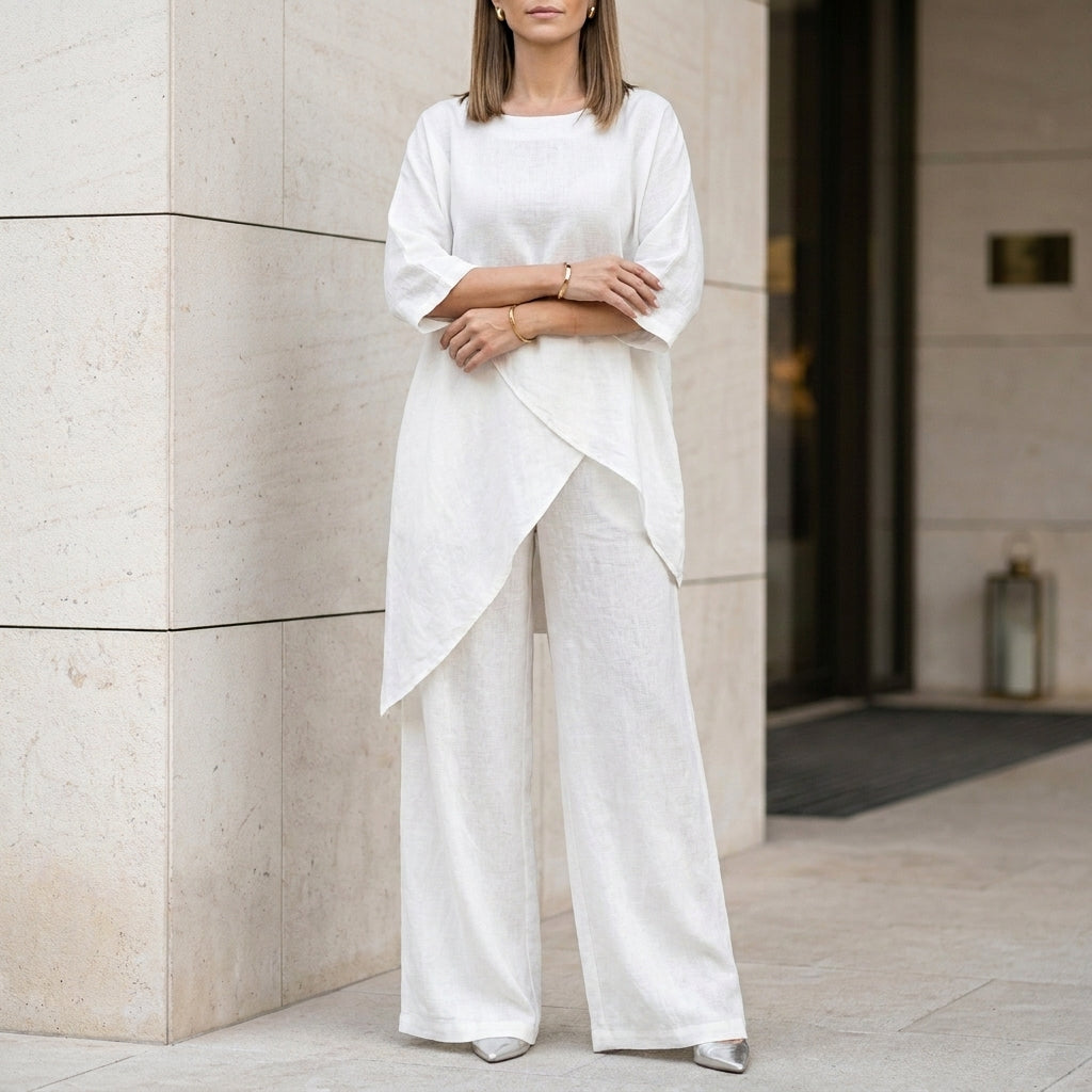 Relaxed Two-Piece Set with Flowing Wide-Leg Pants Elegance