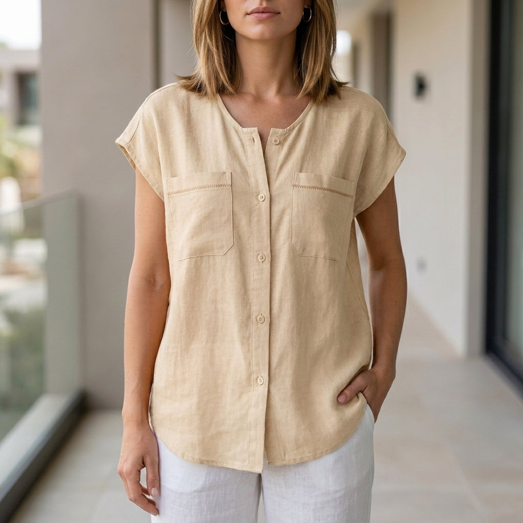 Relaxed Sleeveless Button-Up Blouse with Soft Drape and Front Pockets
