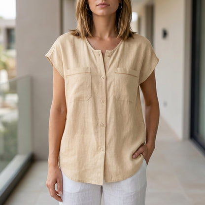 Relaxed Sleeveless Button-Up Blouse with Soft Drape and Front Pockets