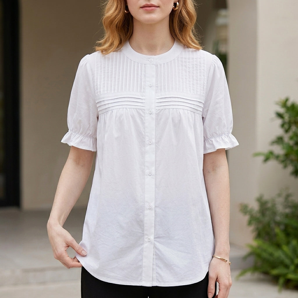 Vintage Pintuck Button-Front Puff Sleeve Blouse