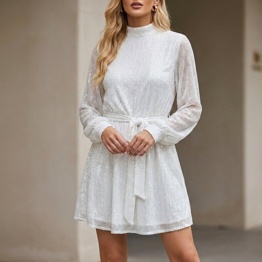 Sequin Mini Dress with Mock Neck and Self-Tie Waist