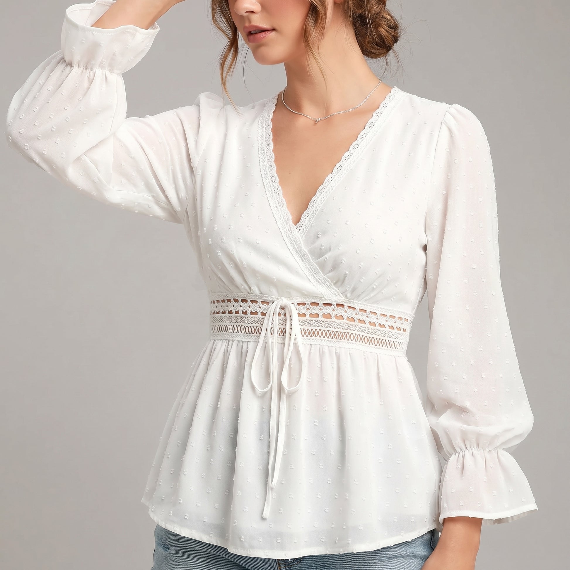 Romantic V-Neck Wrap Blouse with Lace Detailing and Ruffled Sleeves