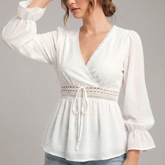 Romantic V-Neck Wrap Blouse with Lace Detailing and Ruffled Sleeves