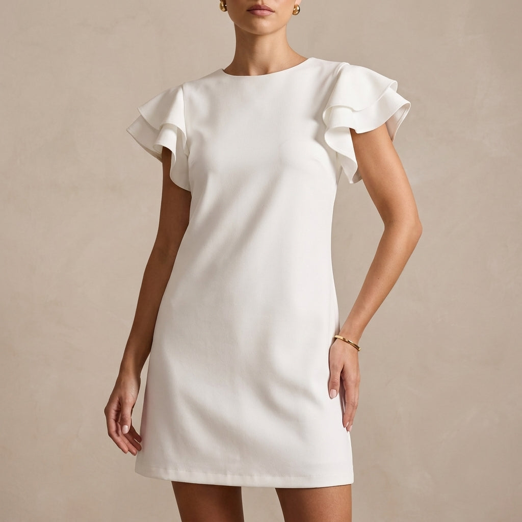 Elegant Backless Shift Dress with Layered Ruffle Sleeves and Boat Neckline