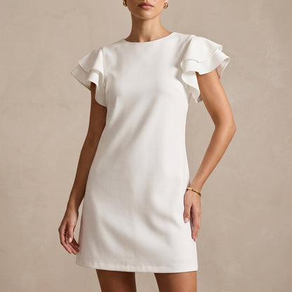 Elegant Backless Shift Dress with Layered Ruffle Sleeves and Boat Neckline