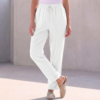 Relaxed Fit Cotton Linen Ankle-Length Pants with Drawstring Waist