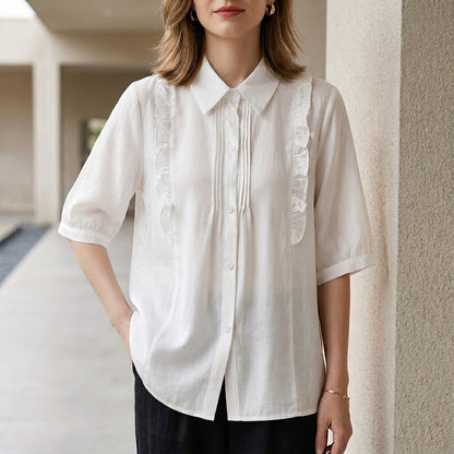 Ruffle Detail Button-Up Blouse with Relaxed Elegant Fit