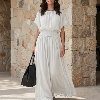 Flowing Smocked Waist Maxi Dress with Draped Sleeves