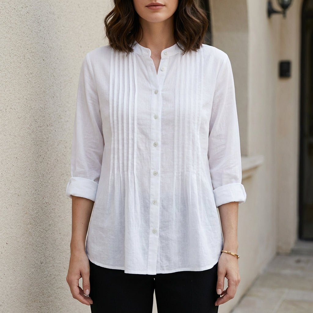 Elegant Pleated Button-Front Blouse with Relaxed Silhouette
