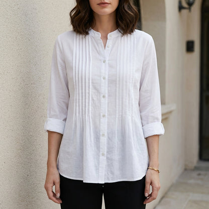 Elegant Pleated Button-Front Blouse with Relaxed Silhouette