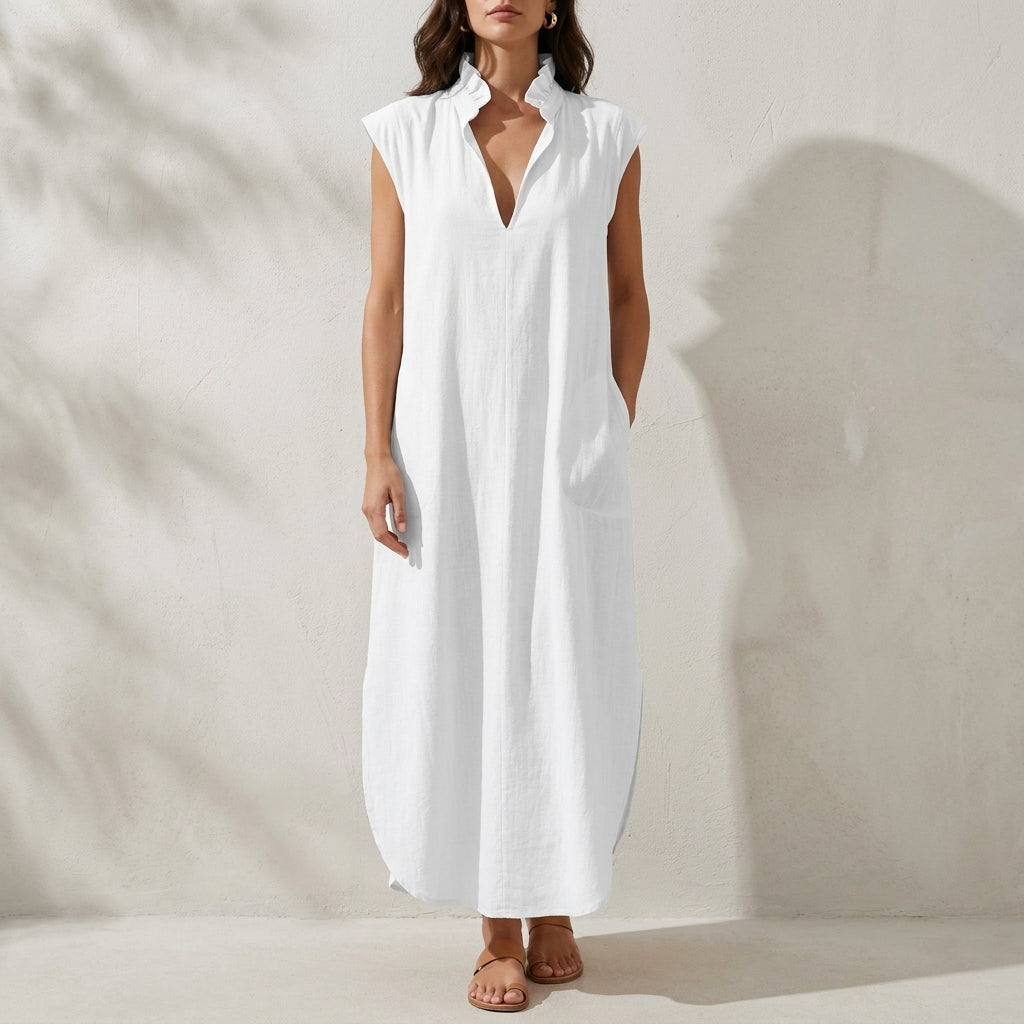 Relaxed Ruffle Collar Midi Dress with Side Pockets