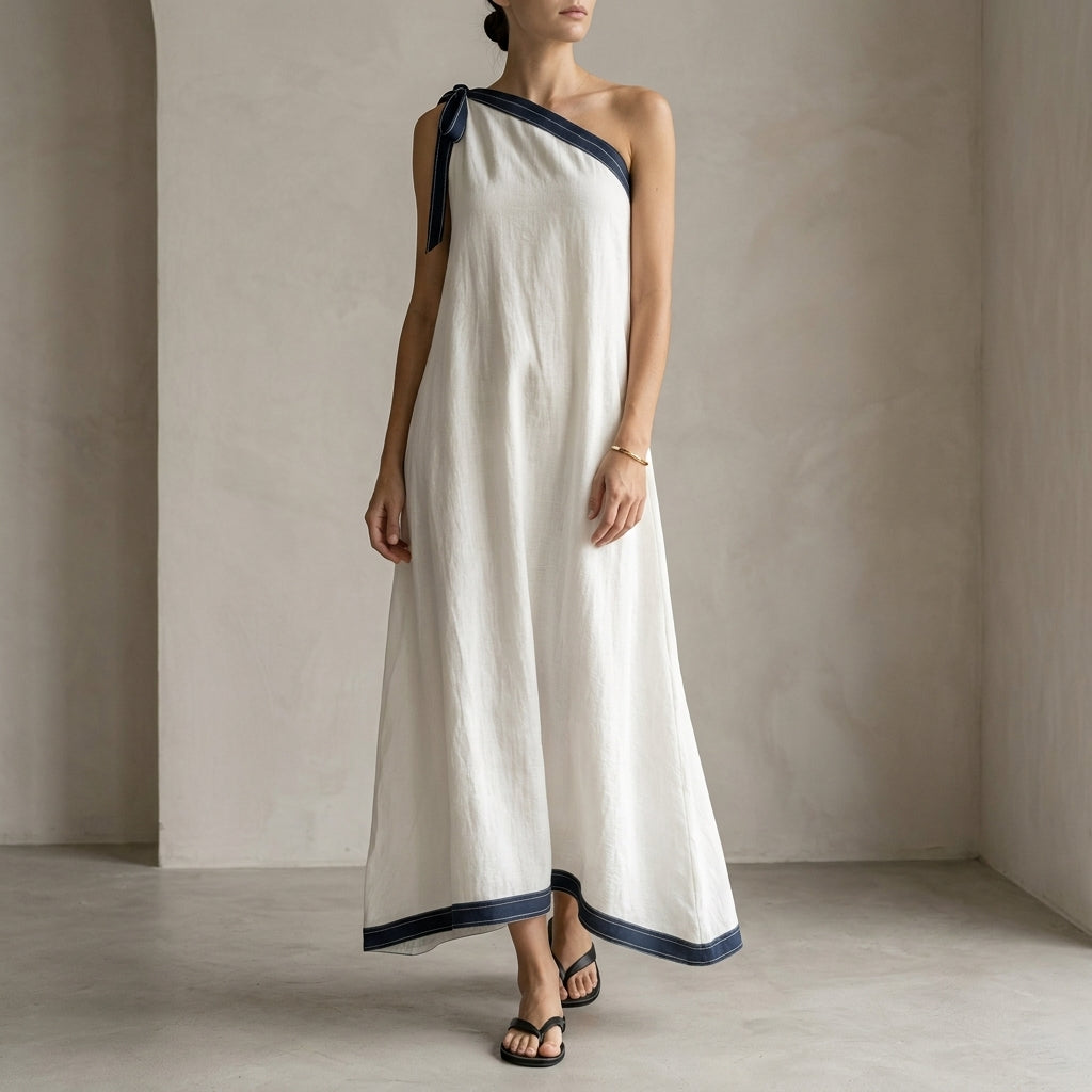 Effortless One-Shoulder Tie Detail Maxi Dress with Contrasting Trim