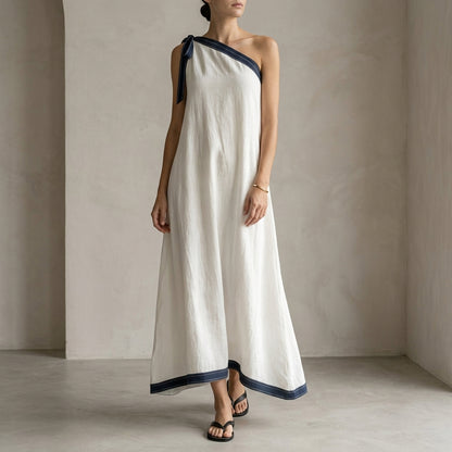 Effortless One-Shoulder Tie Detail Maxi Dress with Contrasting Trim