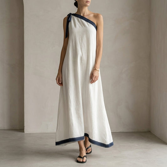 Effortless One-Shoulder Tie Detail Maxi Dress with Contrasting Trim