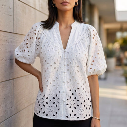 Embroidered V-Neck Blouse with Voluminous Lantern Sleeves and Eyelet Detail
