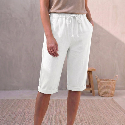 Linen Relaxed-Fit Capri Pants with Drawstring Waist and Cuffed Hem