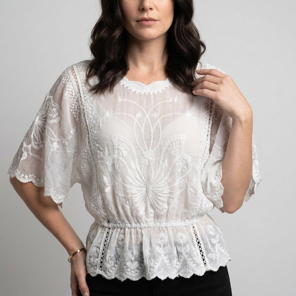 Celeste Embroidered Blouse with Sheer Bell Sleeves