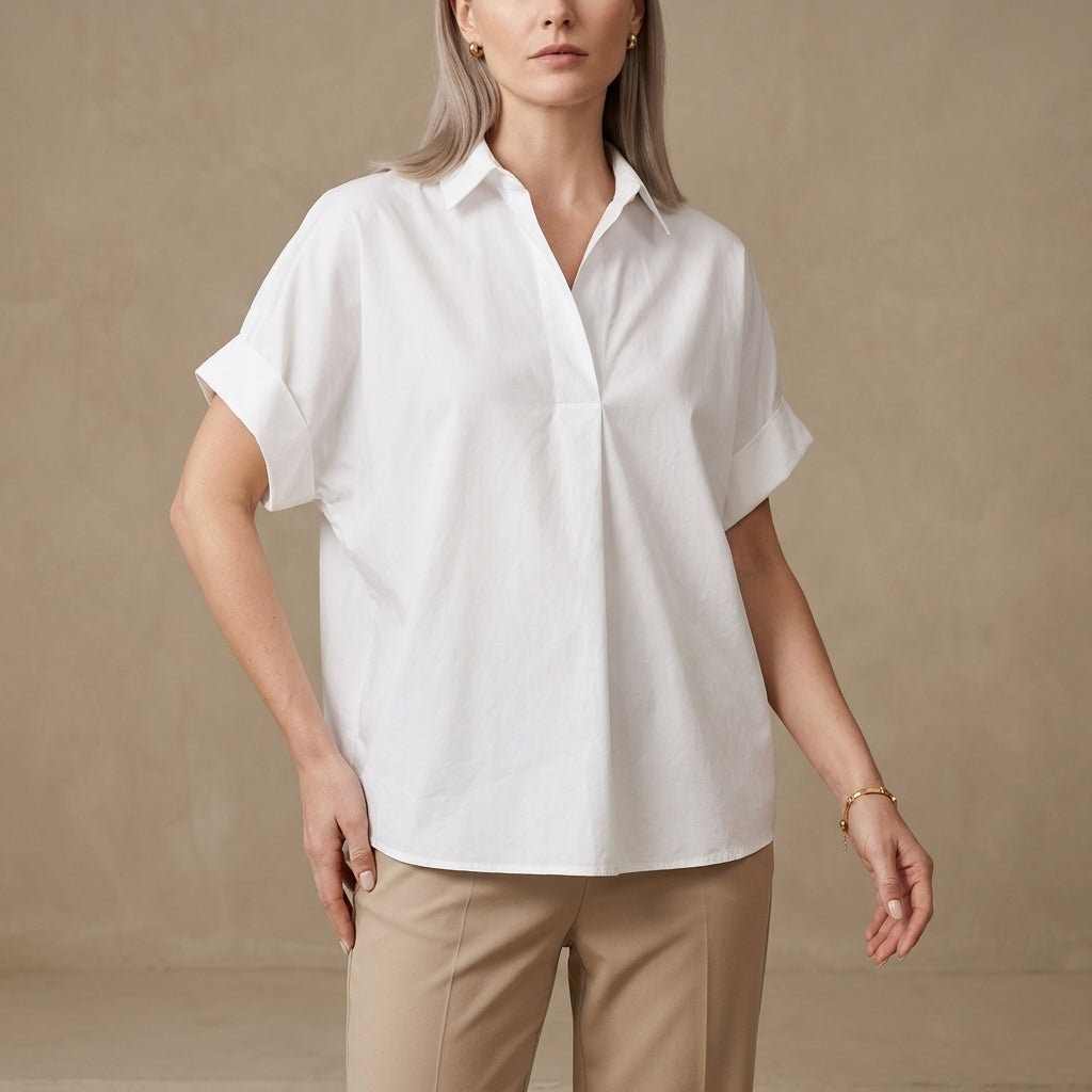Relaxed Oversized Collared Blouse with Rolled Short Sleeves