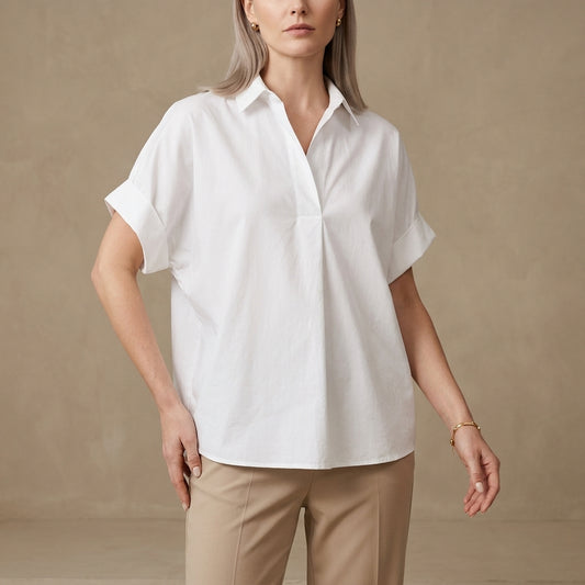 Relaxed Oversized Collared Blouse with Rolled Short Sleeves