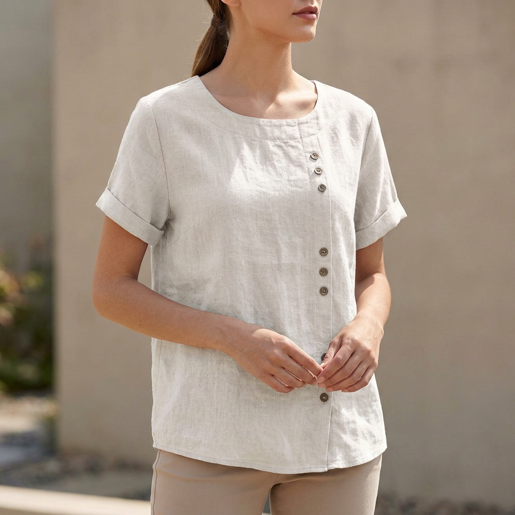 Relaxed Short Sleeve Blouse with Asymmetric Button Detail