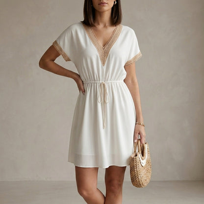 Lightweight Lace-Trimmed Mini Dress with Cinched Waist and V-Neckline